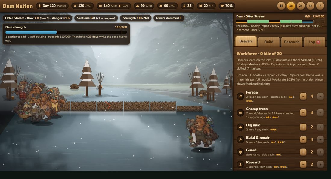 Dam Clan gameplay: beavers building a log dam across a misty river